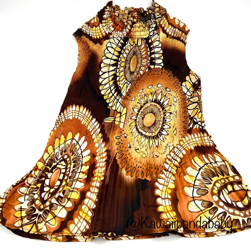 VTG Serenade Brown Floral Abstract Print Accordion Stretchy Mock Neck Tank Top